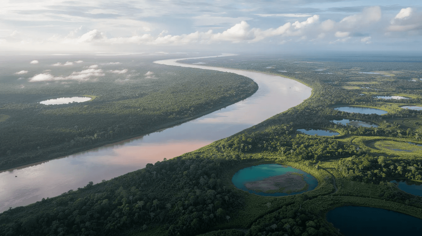 An aerial view captures the winding Amazon River surrounded by flooded forests and scattered lagoons, showcasing the lush greenery of the Amazon rainforest. This vibrant ecosystem is home to diverse species, including the wild arapaima, one of the largest freshwater fish, and highlights the beauty and complexity of the Amazon basin's natural landscape.