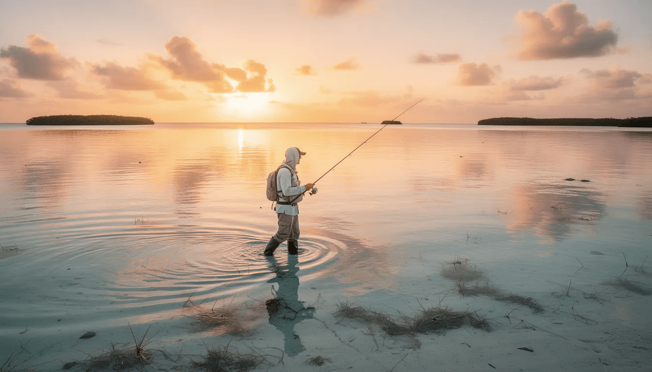 An angler is wading through the calm, clear waters of a shallow tropical flat at sunrise, surrounded by the serene beauty of the Grand Bahama Island. This picturesque scene captures the essence of saltwater fly fishing as the angler prepares to cast their fly line in search of tailing bonefish amidst the expansive flats.