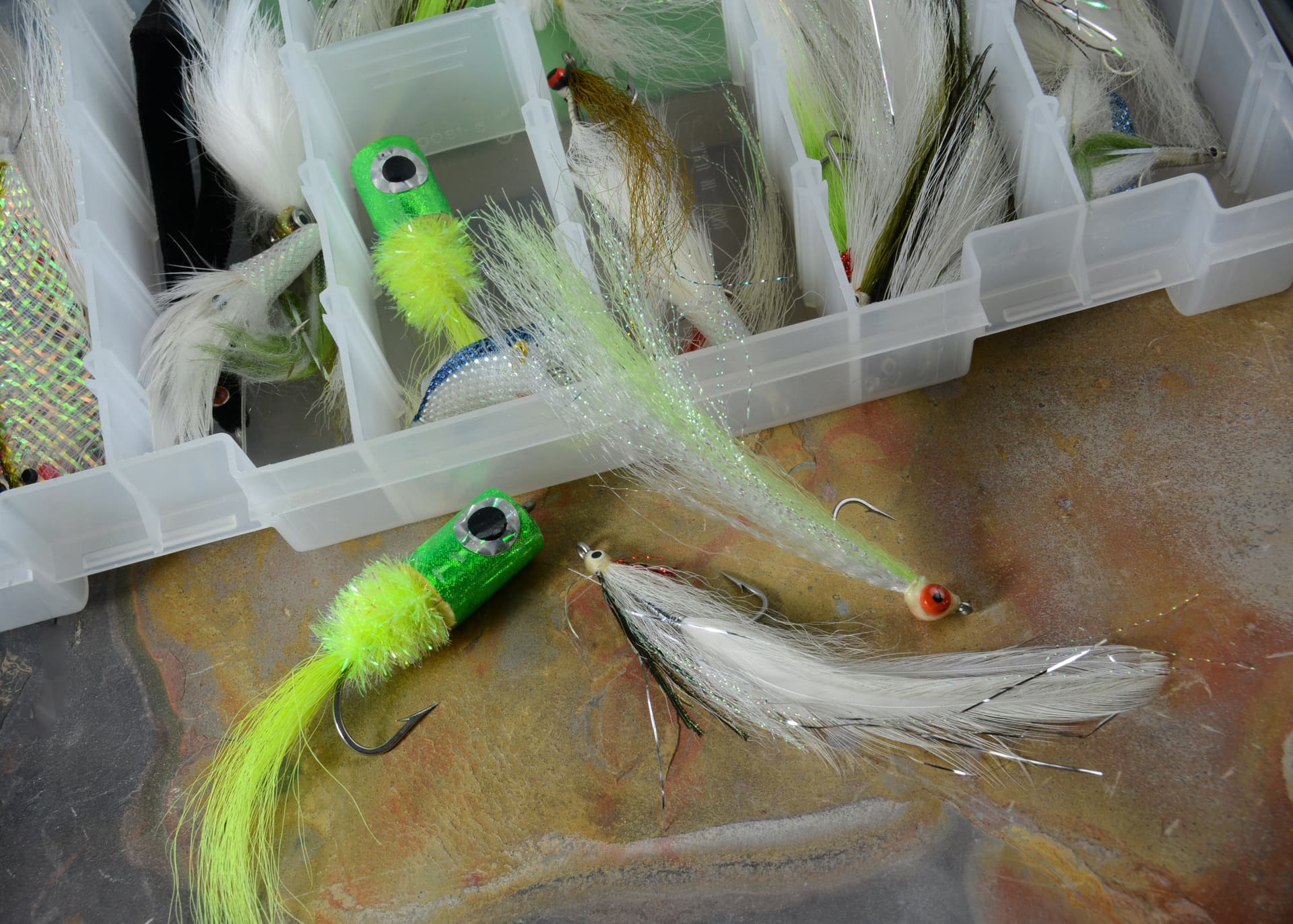 Everglades National Park Fly Kit featuring assorted detailed fishing flies in a clear plastic tackle box.